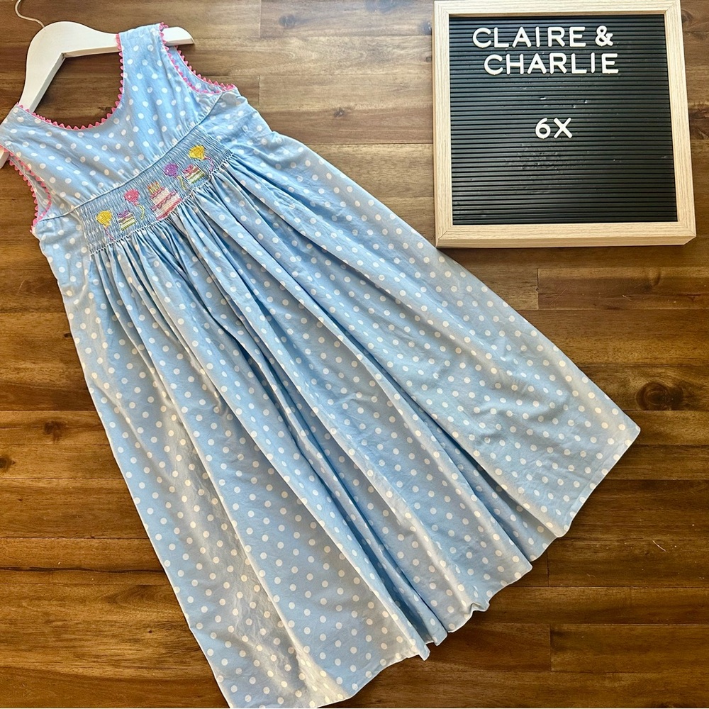Claire & Charlie Blue Pink Polka Dot Smocked Birthday Dress Sleeveless Wrap 6X